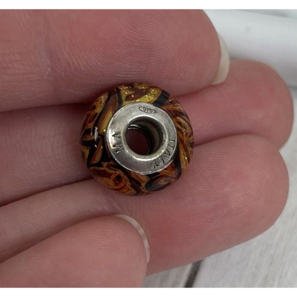 Murano MA Glass Bead Charm Sterling Silver 925 Italy Orange Swirl - Picture 3 of 5